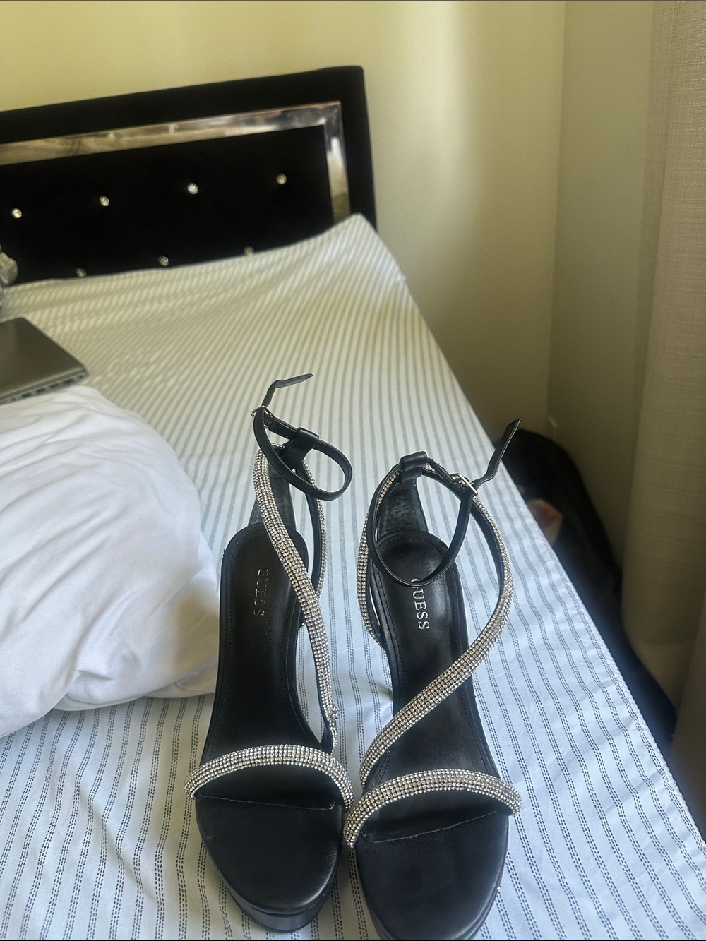 GUESS Black Heeled Sandals with Silver Rhinestone Straps